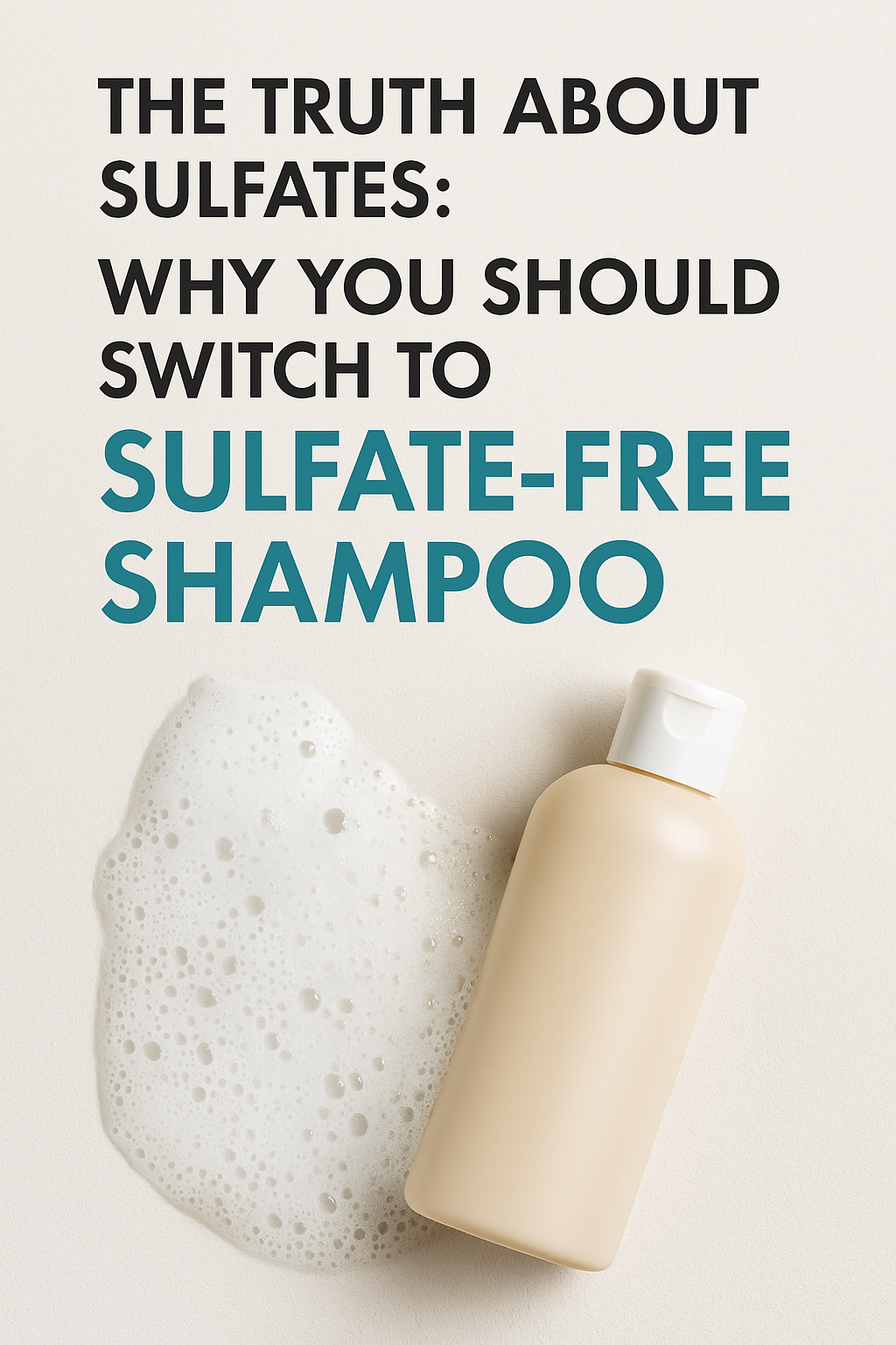 Sulfate-Free, Healthier Hair Starts Here.” Below, a sleek shampoo bottle is surrounded by soft foam on a clean, textured off-white background, conveying a fresh and gentle aesthetic