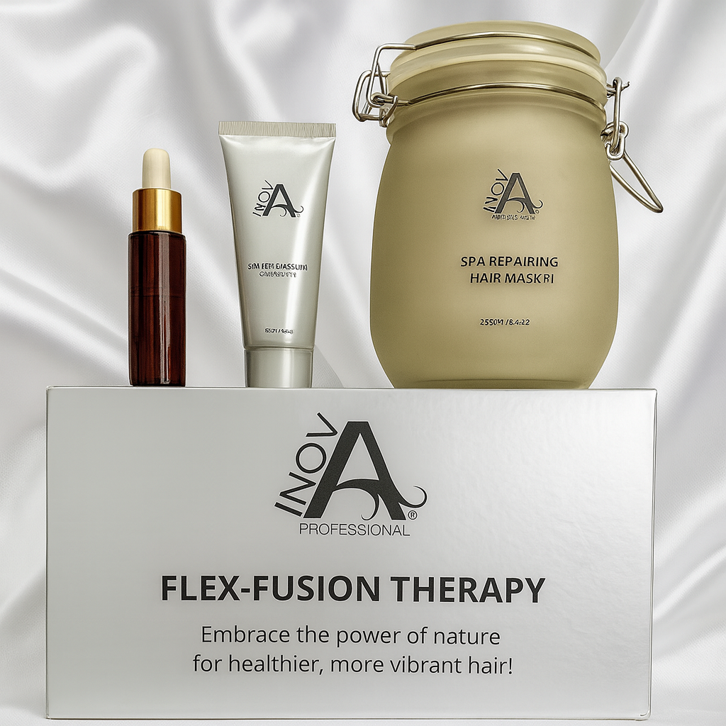 “Flex-Fusion Therapy hair treatment set by Inova Professional, including dropper bottle, silver tube, and frosted hair mask jar displayed on a silver box with satin background.”
