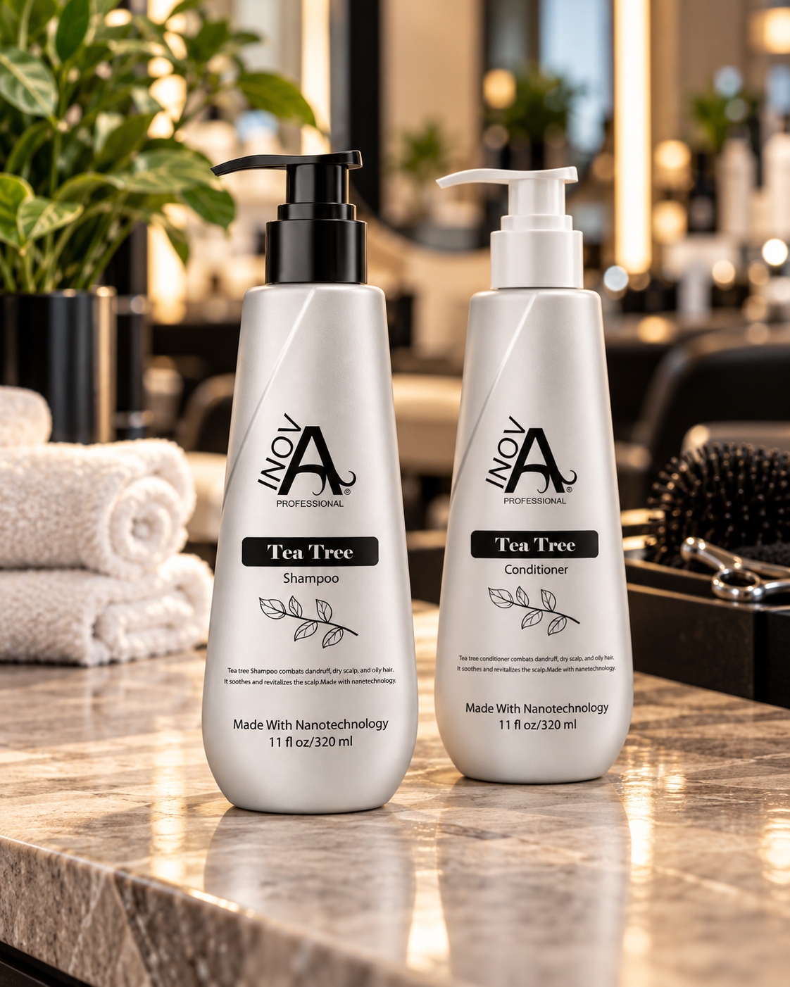 Inova Professional Tea Tree Shampoo and Conditioner standing together on a salon counter