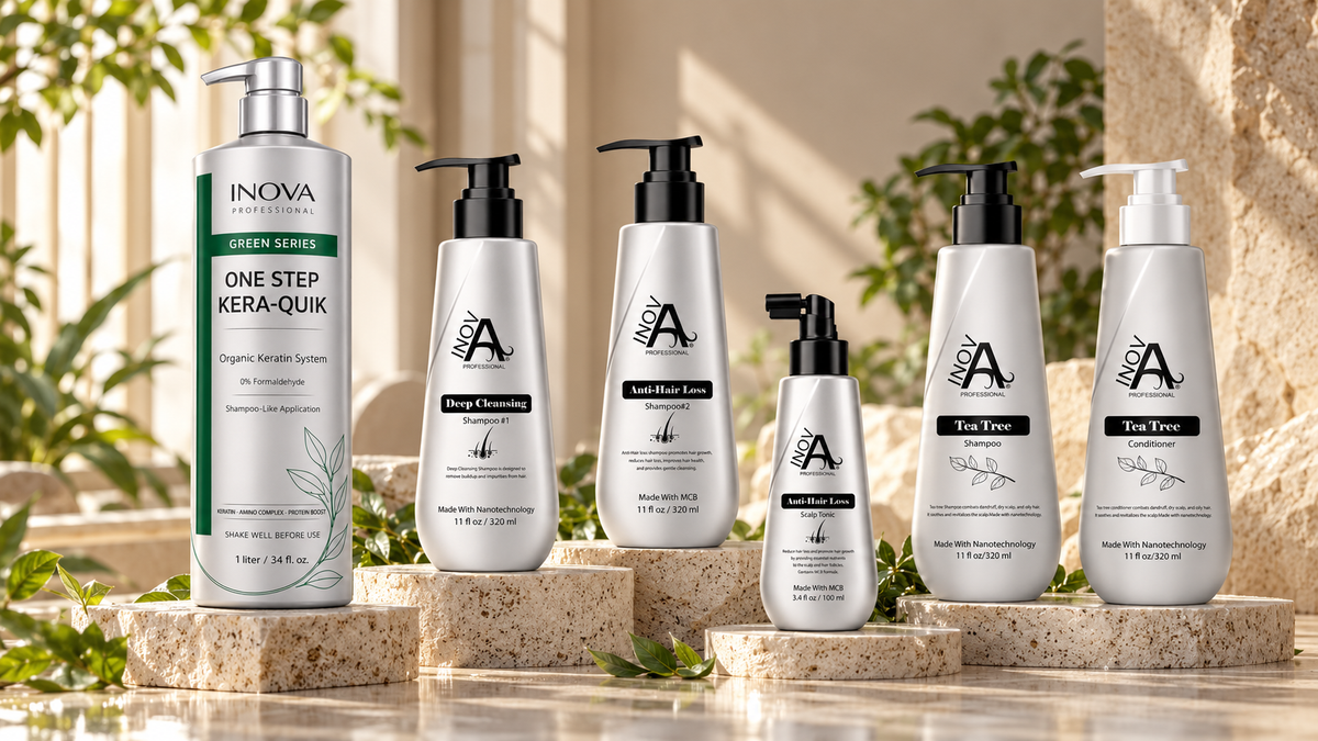 Inova Professional haircare collection featuring Kera-Quik, Deep Cleansing, Anti-Hair Loss and Tea Tree products.