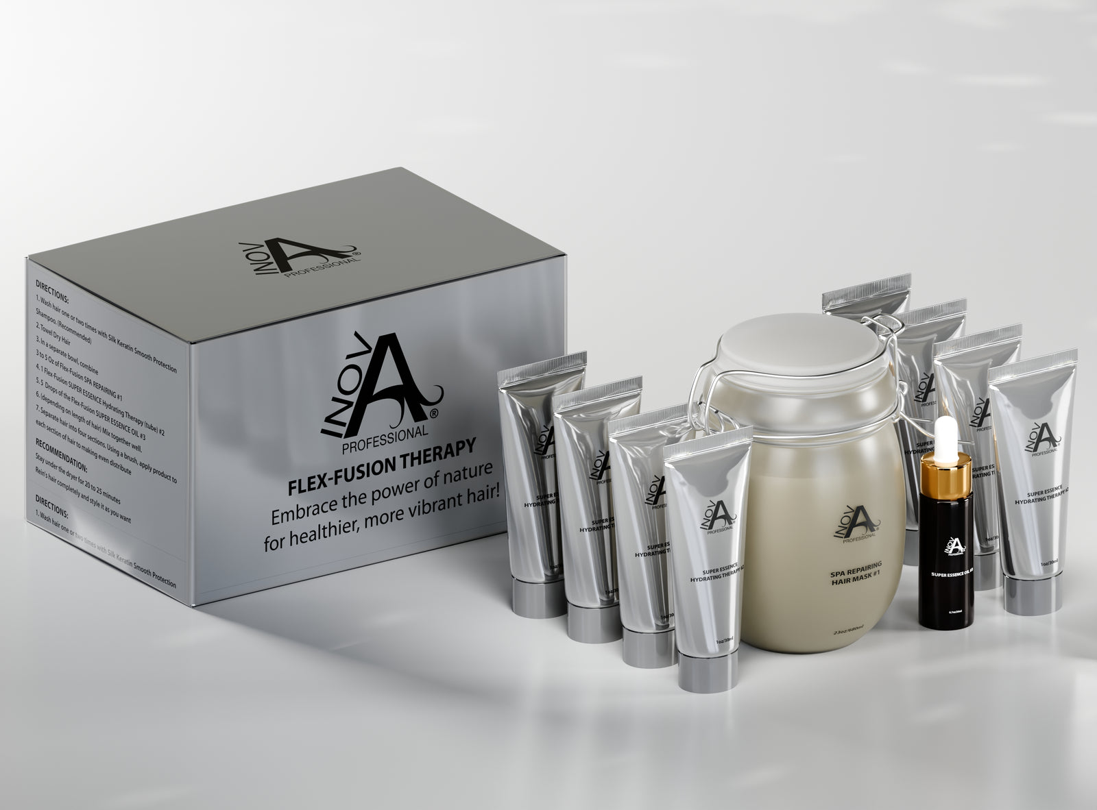 Inova Professional Flex-Fusion Therapy hair treatment set displayed on a clean white background. The kit includes a sleek silver box labeled ‘Flex-Fusion Therapy – Embrace the power of nature for healthier, more vibrant hair,’ a large frosted jar of Spa Repairing Hair Mask #1 with a clasp lid, multiple metallic silver tubes of Super Essence Hydrating Therapy #2, and a small black bottle with a gold dropper labeled Super Essence Oil #3. The packaging is modern, glossy, and luxurious, highlighting a premium s