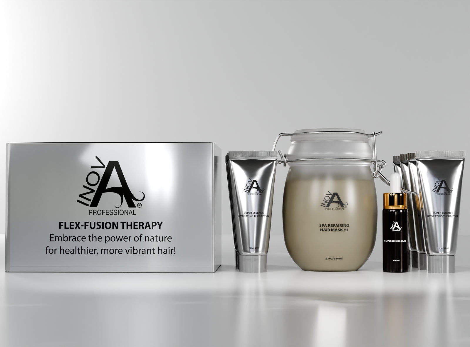 "Inova Professional Flex-Fusion Therapy complete hair treatment kit displayed on a clean white background. The set includes a silver branded box with usage directions, a large frosted jar of Spa Repairing Hair Mask #1 with clasp lid, multiple metallic silver tubes of Super Essence Hydrating Therapy #2, and a black dropper bottle with gold cap labeled Super Essence Oil #3. Premium, luxurious packaging emphasizes professional salon-quality care