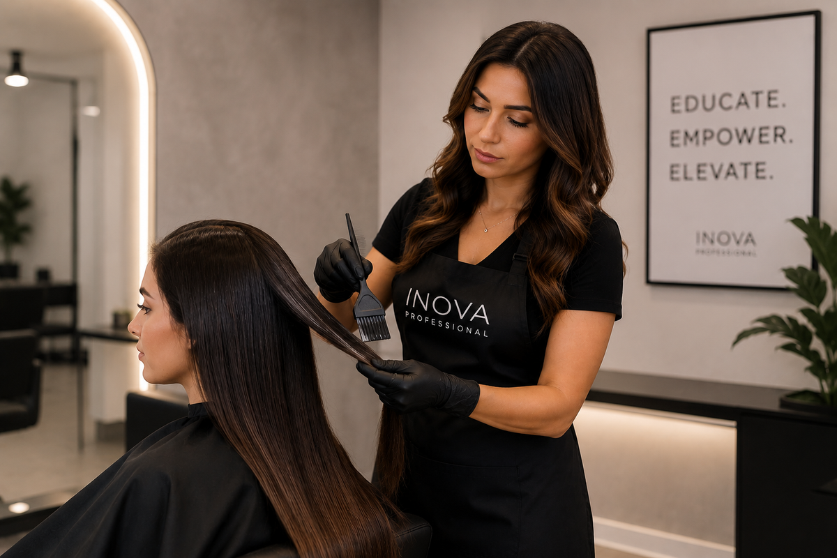 Professional hairstylist applying smoothing treatment during Inova Professional salon education and training session in a luxury salon environment