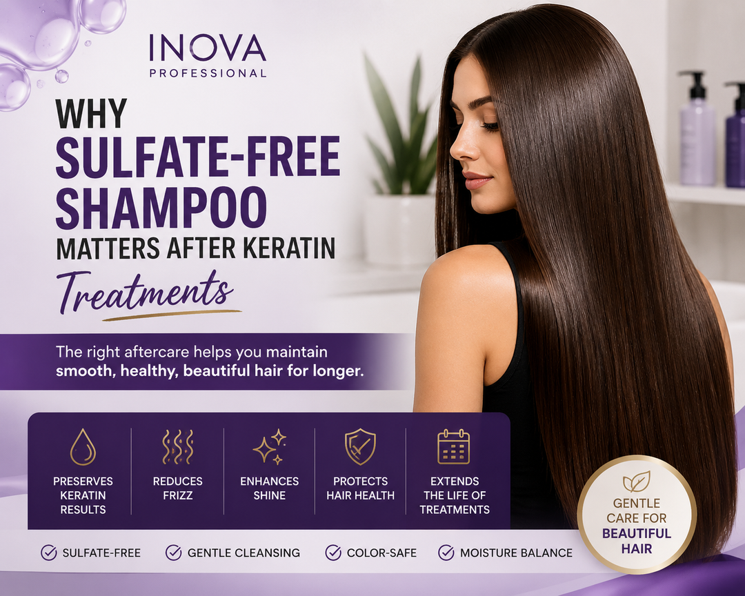 Woman with smooth shiny hair showing the benefits of sulfate-free shampoo after keratin treatments for frizz control, shine, and long-lasting smoothness by Inova Professional