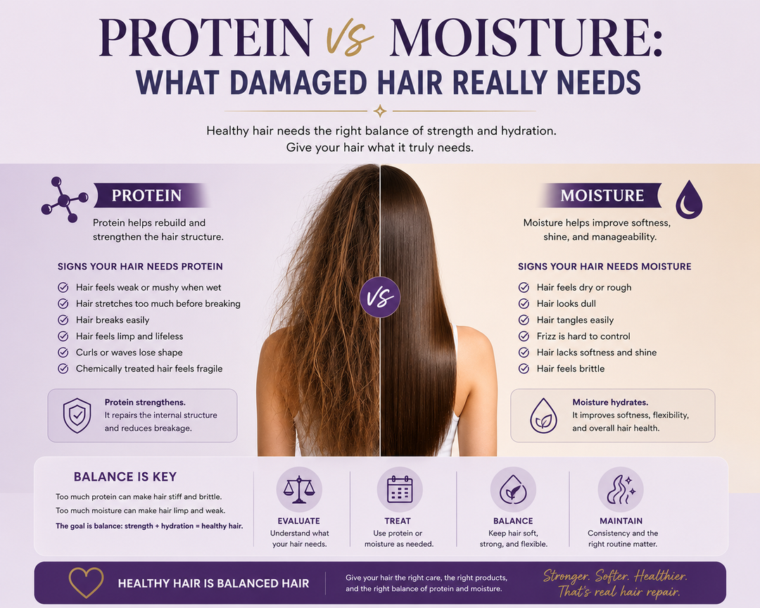 Educational comparison of protein versus moisture for damaged hair showing signs of dryness, breakage, hydration needs, and healthy hair balance by Inova Professional