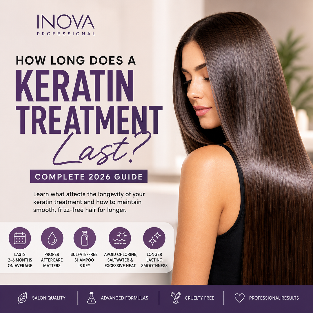 Woman with smooth shiny hair demonstrating long-lasting professional keratin treatment results and frizz control guide by Inova Professional