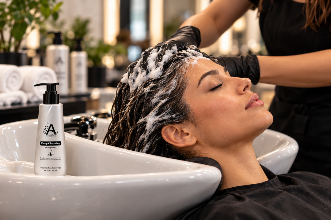 A stylist working lather through a client's hair at the salon backwash, with Inova Professional Clarifying Shampoo #1 in the foreground