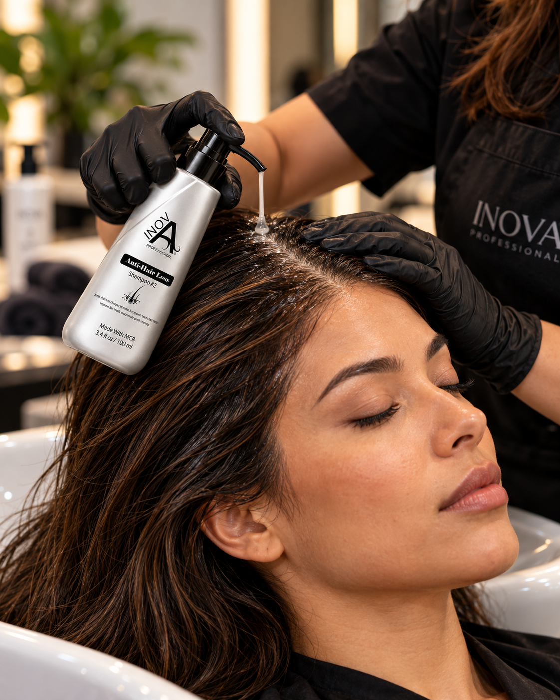 A stylist applying Inova Professional Anti-Hair Loss Shampoo #2 at the scalp during a salon service