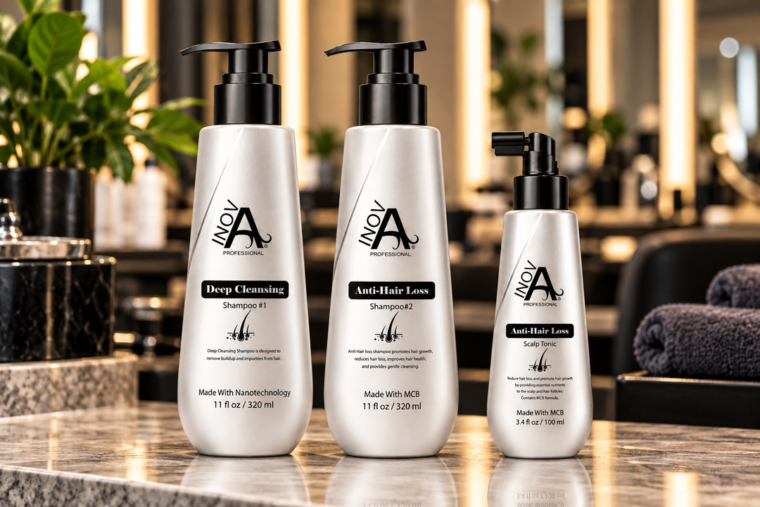 The three steps of the Inova Professional Root Renewal Collection arranged in order on a salon surface