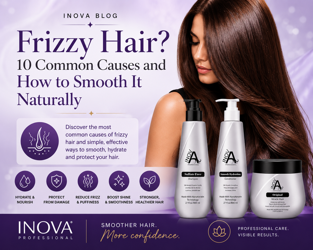 Inova Professional blog cover about frizzy hair featuring smooth, shiny hair with sulfate-free shampoo, conditioner, and miracle mask, explaining the common causes of frizz and how to achieve smoother, healthier-looking hair.