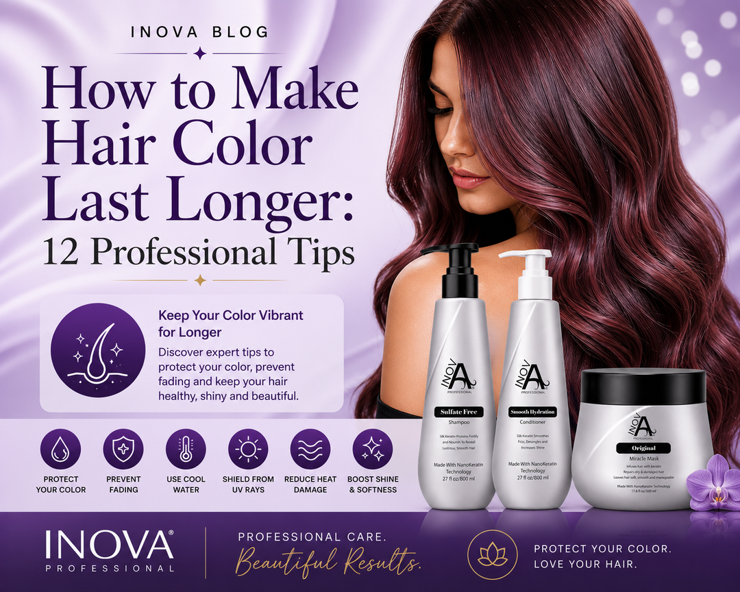 Inova Professional blog cover featuring sulfate-free shampoo, smooth hydration conditioner, and miracle mask with vibrant color-treated hair, highlighting expert tips to help hair color stay vibrant, shiny, and healthy for longer.