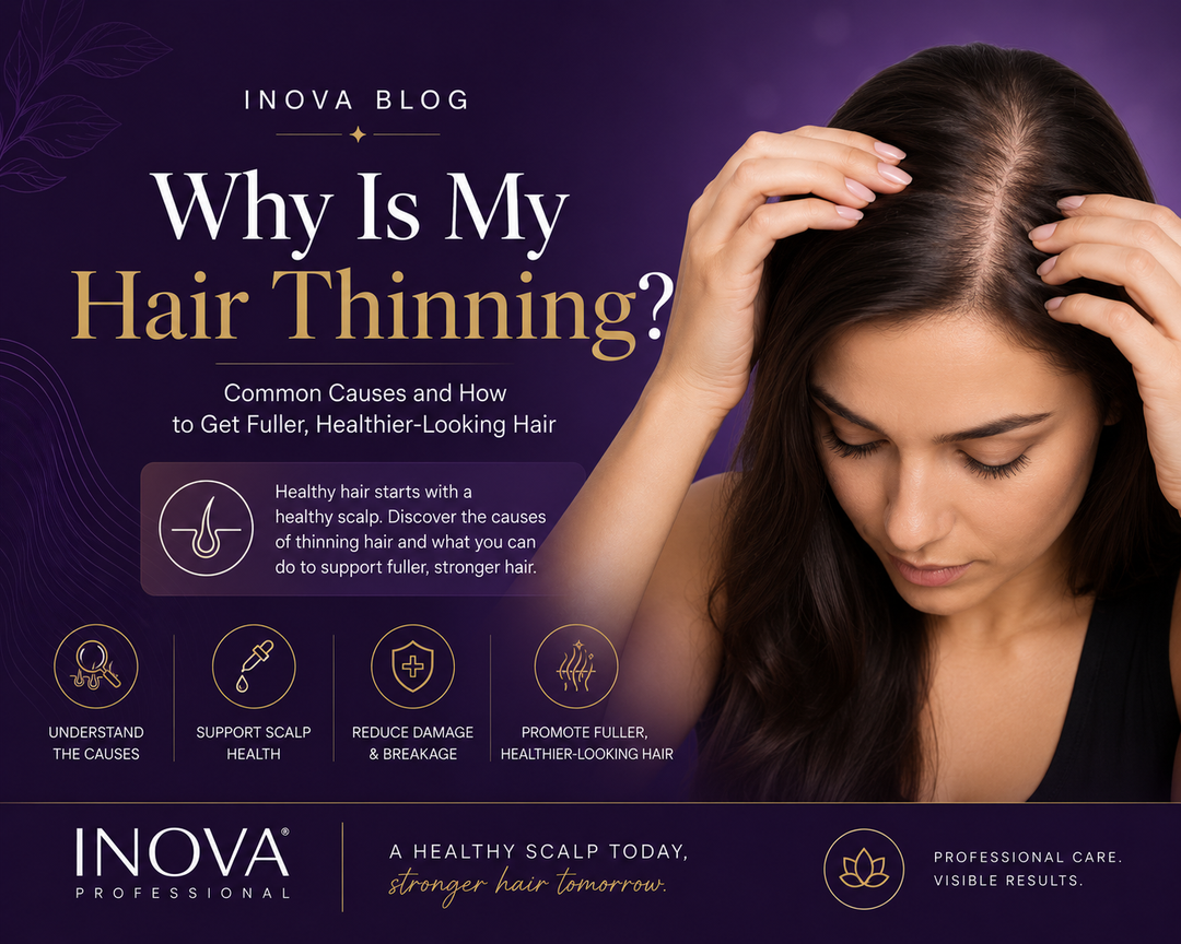 Inova Professional blog cover explaining common causes of hair thinning, scalp health, and professional tips to support fuller, stronger, healthier-looking hair.