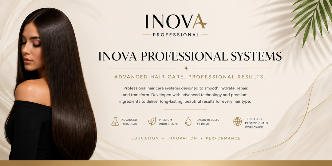 Inova Professional Systems luxury salon hair care collection banner featuring sleek healthy brunette hair and professional hair care technology messaging