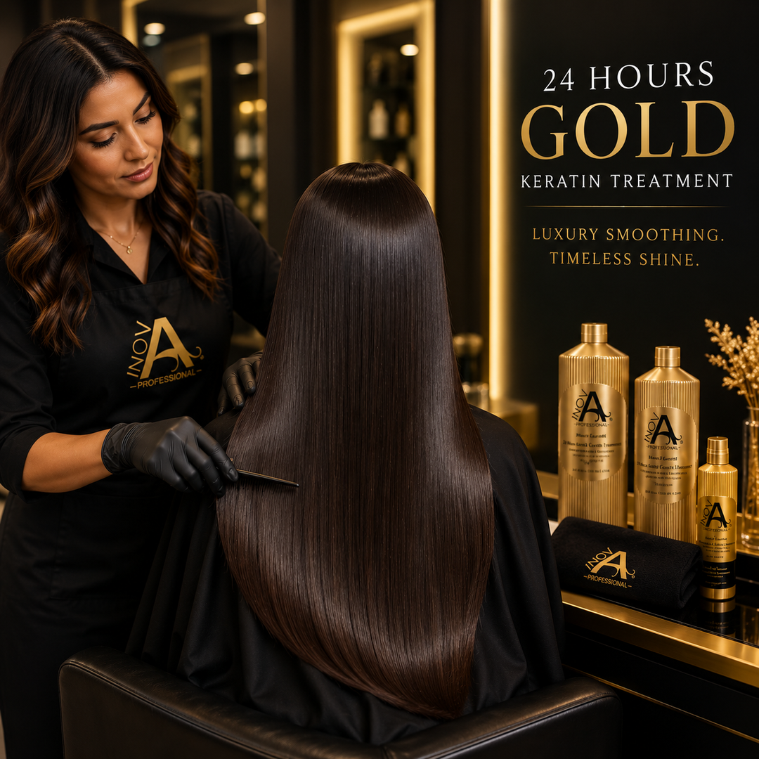Luxury salon stylist applying 24 Hours Gold keratin treatment for smooth shiny frizz-free hair