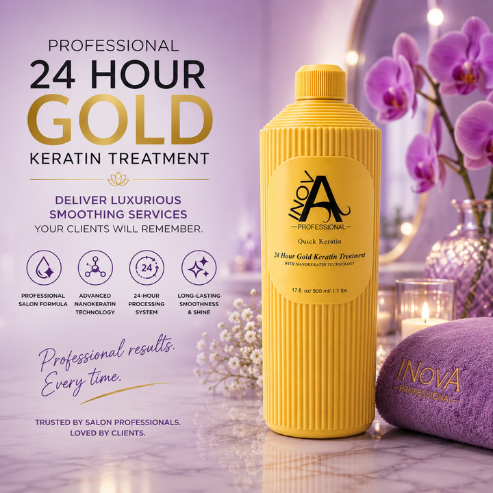 Inova Professional 24 Hour Gold Keratin Treatment 17 oz displayed on a luxurious light purple spa-inspired background with elegant gold accents. This professional salon formula with advanced Nanokeratin Technology is designed for certified stylists to deliver long-lasting smoothing, exceptional shine, frizz control, improved manageability, and premium salon-quality results.