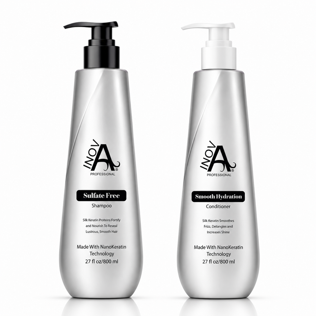Inova Professional Diana Collection Sulfate-Free Shampoo and Smooth Hydration Conditioner 27 oz salon-size duo with NanoKeratin technology for gentle cleansing, moisture, softness, frizz control, and healthy shiny hair on white background.