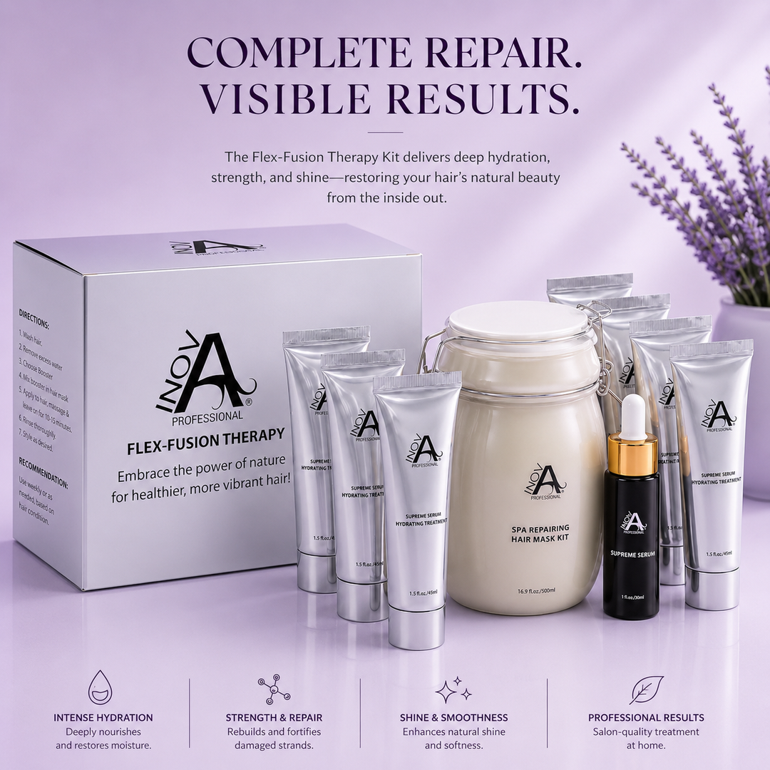 Inova Professional Flex-Fusion Therapy complete hair repair system featuring the Spa Repairing Hair Mask, Supreme Serum, hydration treatment tubes, and gift box on a soft light purple luxury background, highlighting deep hydration, strength, shine, and professional salon-quality results.