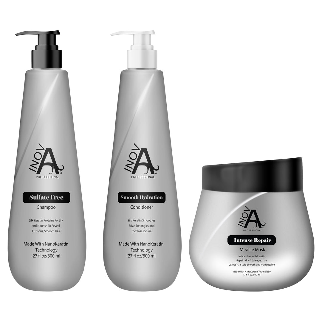 Smooth Protection Shampoo, Hydration Conditioner, and Miracle Mask by Inova Professional - Hair care trio for smooth, hydrated, and repaired hair