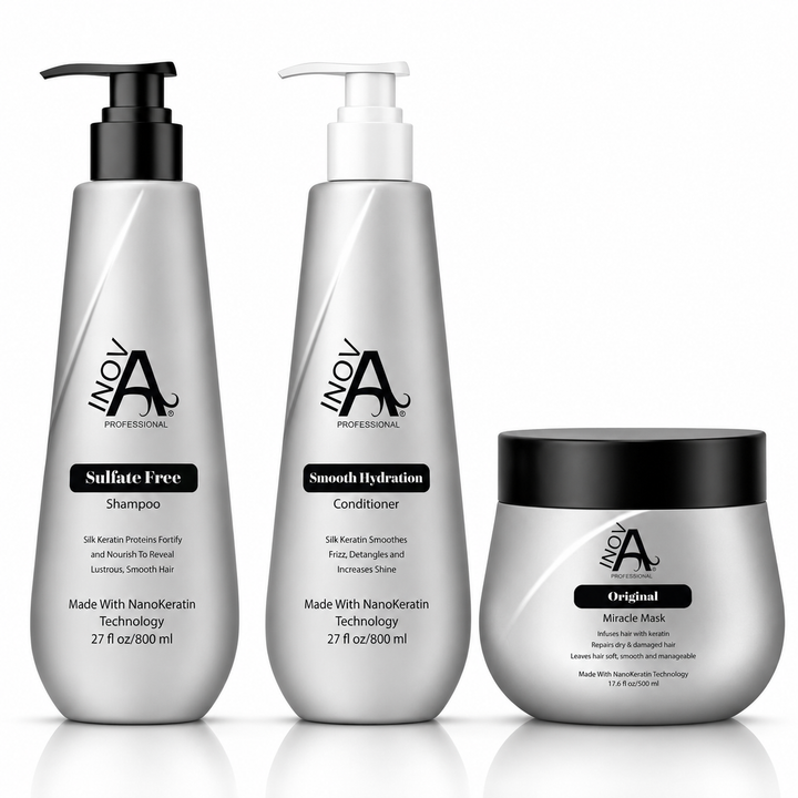 Complete your professional hair care routine with the Inova Professional Brooke Collection. Includes an 11 oz shampoo, 11 oz conditioner, and 10.2 oz Miracle Mask to hydrate, repair, strengthen, reduce frizz, and enhance shine for healthier, salon-quality hair.