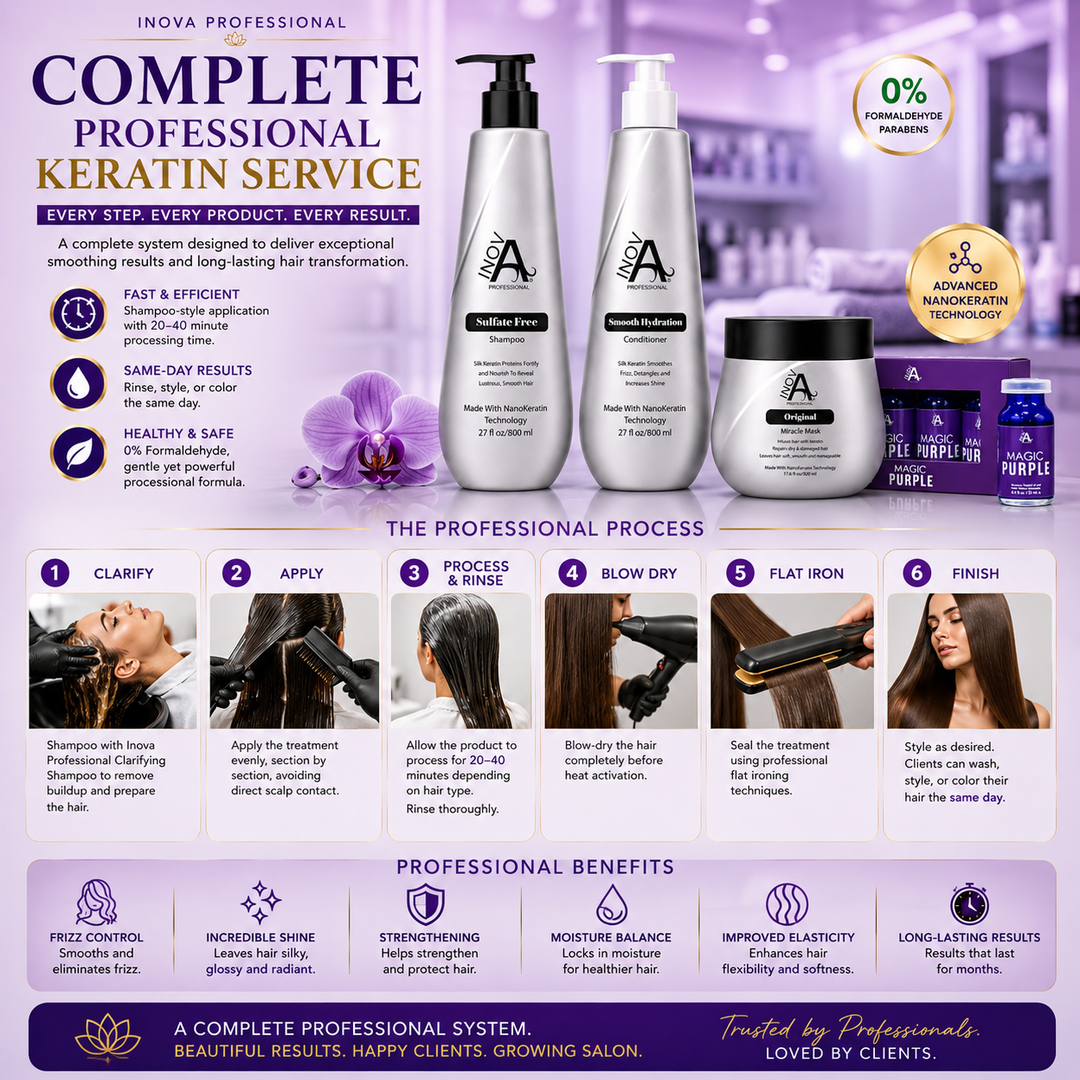 Complete Inova Professional One-Step Kera-Quik Keratin Service System featuring the One-Step Kera-Quik Keratin Treatment, Clarifying Shampoo, Professional Keratin Aftercare Shampoo, Smooth Hydration Conditioner, Miracle Mask, and Magic Purple Brass Neutralizer. Displayed on a luxurious light purple salon-inspired background with a professional step-by-step application guide, the image highlights shampoo-style application, 20–40 minute processing time, same-day rinse, same-day color compatibility, Advanced N