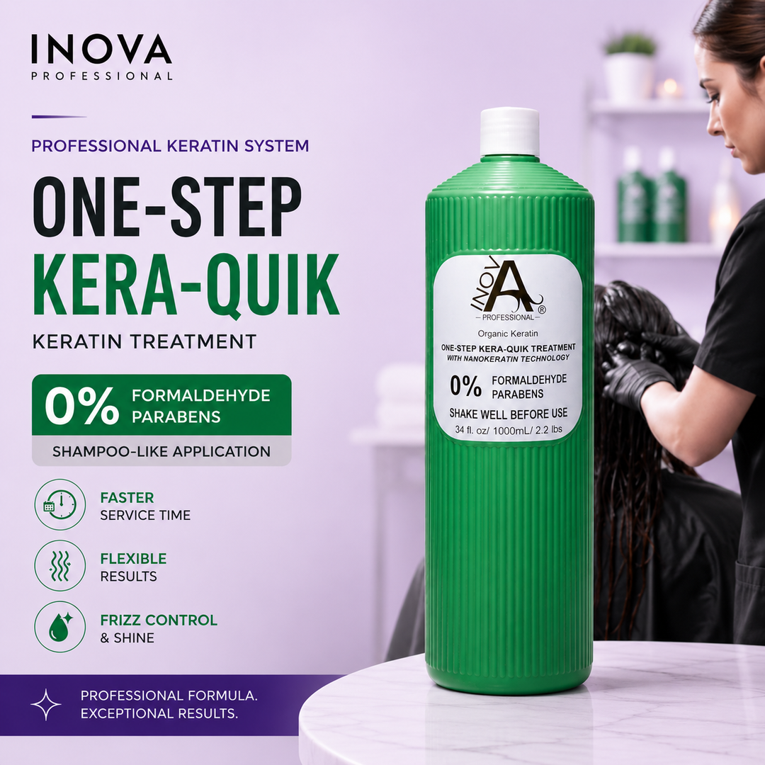 Inova Professional One-Step Kera-Quik Keratin Treatment 34 oz bottle displayed in a professional salon with a soft light purple background, featuring a stylist performing a keratin treatment. The shampoo-like formula delivers frizz control, shine, faster service time, and 0% formaldehyde and parabens.