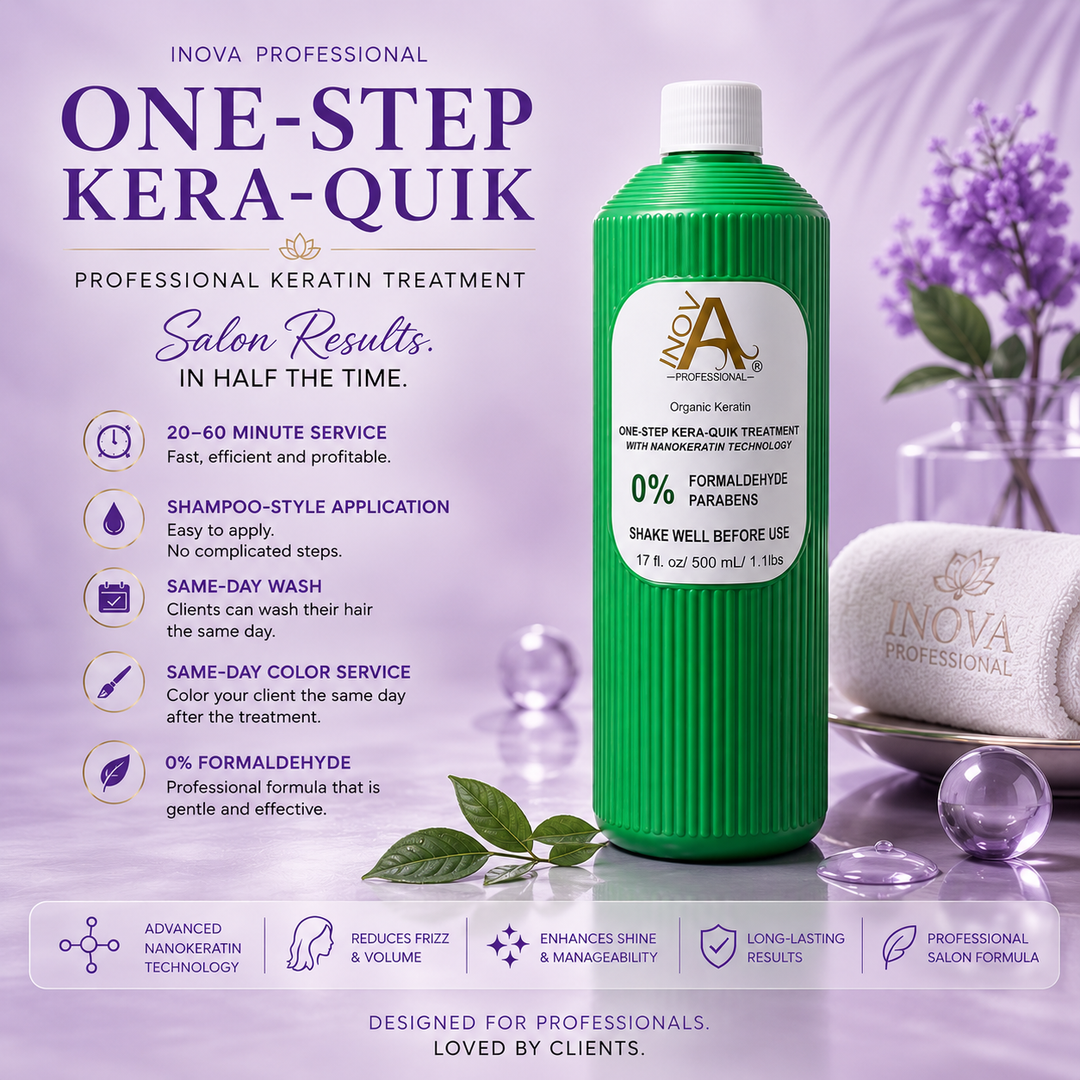 Inova Professional One-Step Kera-Quik Keratin Treatment 17 oz displayed in a luxurious light purple salon-inspired setting. This professional 0% formaldehyde keratin system features a shampoo-style application, 20–60 minute service time, same-day wash, and same-day color compatibility. Designed for certified hairstylists seeking fast, efficient, and consistent smoothing services with advanced Nanokeratin Technology, enhanced shine, reduced frizz, and improved manageability.
