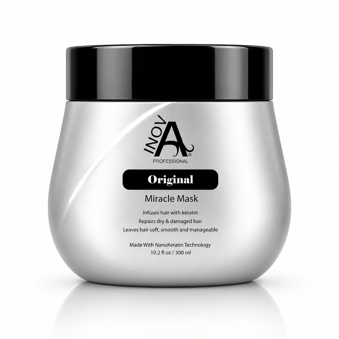 Inova Professional Original Miracle Mask 10.2 oz professional keratin hair mask for deep hydration, damage repair, softness, shine, and frizz control on white background.