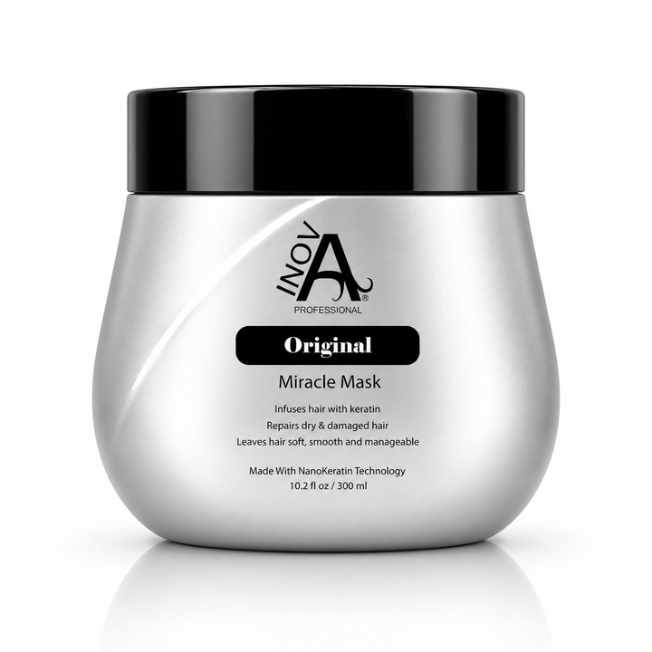 Inova Professional Original Miracle Mask 10.2 oz professional keratin hair mask for deep hydration, damage repair, softness, shine, and frizz control on white background.