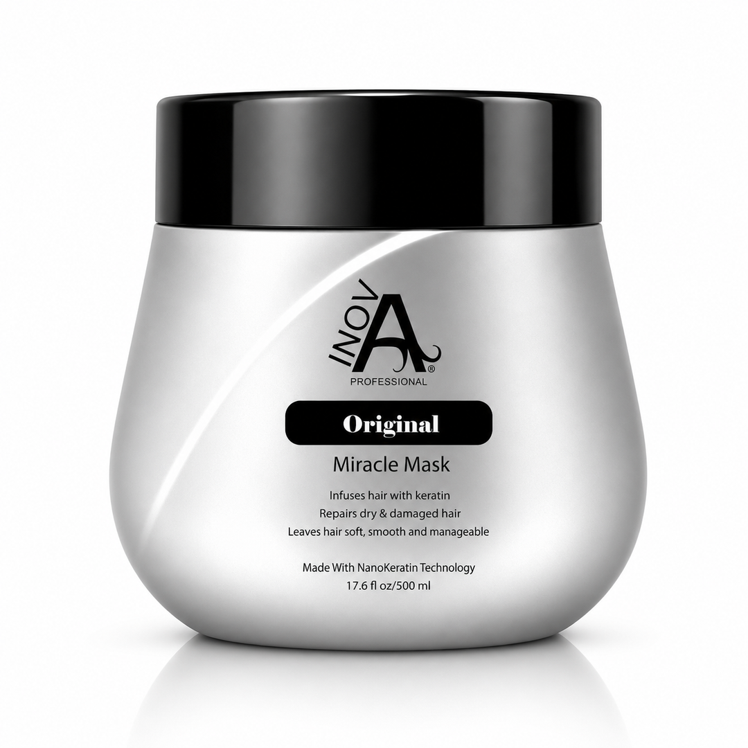 Inova Professional Original Miracle Mask 17.6 oz professional keratin hair mask for deep hydration, damage repair, softness, shine, and frizz control on white background.