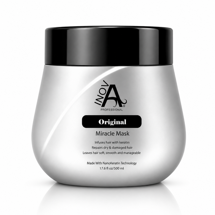 Inova Professional Original Miracle Mask 17.6 oz professional keratin hair mask for deep hydration, damage repair, softness, shine, and frizz control on white background.