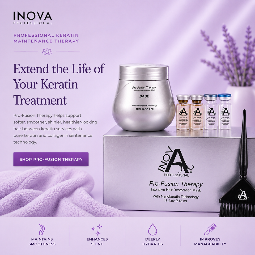 Inova Professional Pro-Fusion Therapy Keratin Maintenance Treatment featuring the intensive hair restoration mask, keratin and collagen ampoules, and application brush on a soft light purple luxury spa background. Designed to extend the life of keratin treatments by enhancing hydration, shine, smoothness, and hair manageability.