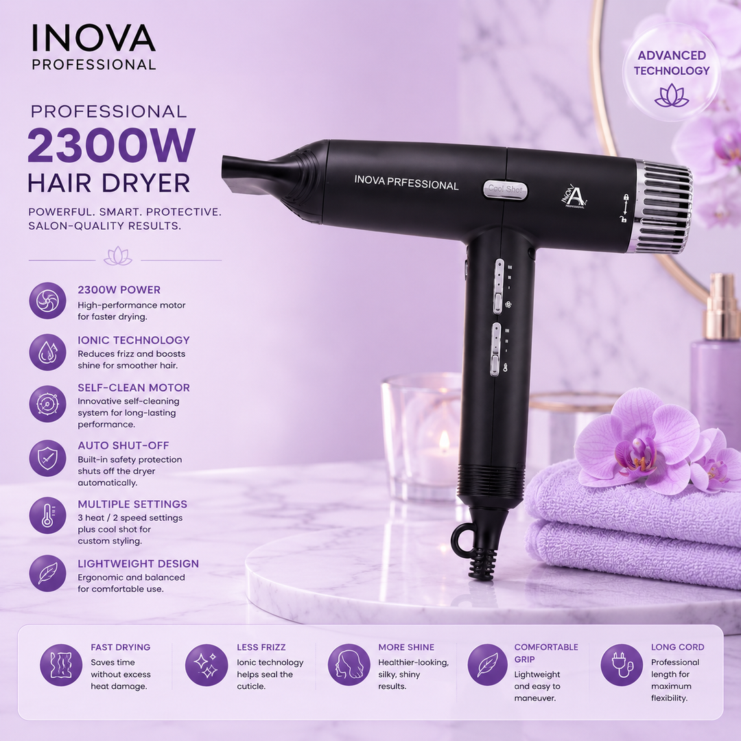 Inova Professional 2300W Hair Dryer displayed on a soft light purple luxury spa-inspired background, featuring ionic technology, a self-clean motor, automatic shut-off protection, multiple heat and speed settings, and a cool shot button for fast drying, reduced frizz, and professional salon-quality styling.