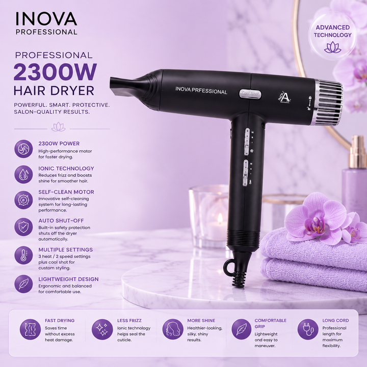 Inova Professional 2300W Hair Dryer displayed on a soft light purple luxury spa-inspired background, featuring ionic technology, a self-clean motor, automatic shut-off protection, multiple heat and speed settings, and a cool shot button for fast drying, reduced frizz, and professional salon-quality styling.