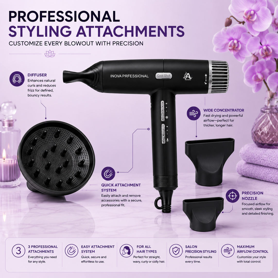 Inova Professional 2300W Hair Dryer with diffuser, wide concentrator nozzle, and precision styling nozzle displayed on a soft light purple luxury background. Professional styling attachments provide customizable airflow for curls, volume, smooth blowouts, precision styling, and salon-quality results on all hair types.