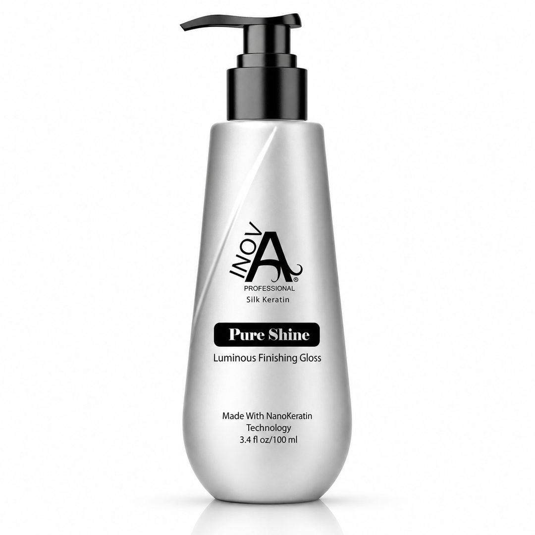 Inova Professional Pure Shine Luminous Finishing Gloss 3.4 oz is a lightweight finishing gloss designed to enhance shine, smooth frizz, soften hair, and create a polished, luminous finish without heavy buildup.