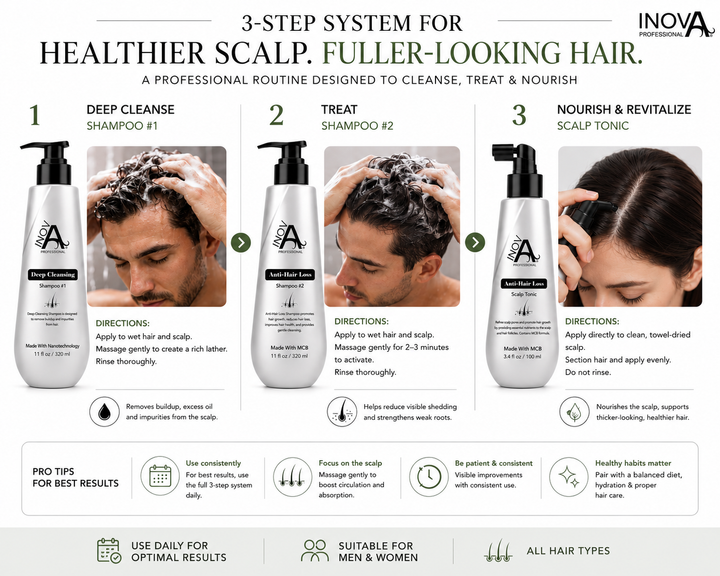 Professional 3-step scalp and hair density support routine designed to cleanse, strengthen, and nourish weak thinning hair for healthier-looking results.