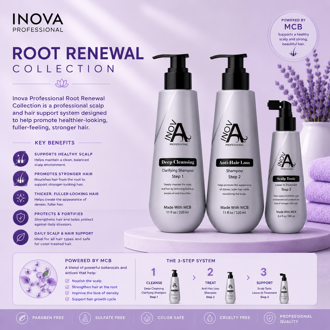 Inova Professional Root Renewal Collection featuring the Deep Cleansing Shampoo, Anti-Hair Loss Shampoo, and Anti-Hair Loss Scalp Tonic on a soft light purple spa-inspired background. This professional scalp and hair support system is designed to help promote healthier-looking, fuller-feeling, stronger hair while supporting a balanced scalp environment.