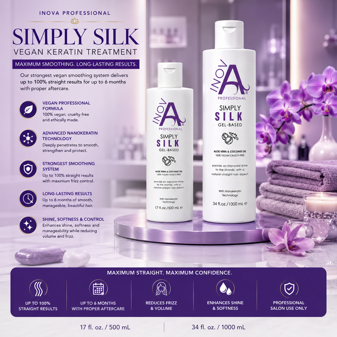 Inova Professional Simply Silk Vegan Keratin Treatment displayed in a luxurious light purple salon-inspired setting with both 17 oz and 34 oz bottles. This premium vegan keratin smoothing system is formulated with Advanced Nanokeratin Technology, Aloe Vera, and Coconut Oil to deliver up to 100% straighter hair, long-lasting frizz control, exceptional shine, softness, and manageability for up to 6 months with proper aftercare. Designed exclusively for professional salon use by certified hairstylists.