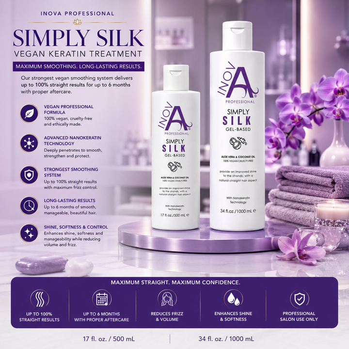 Inova Professional Simply Silk Vegan Keratin Treatment displayed in a luxurious light purple salon-inspired setting with both 17 oz and 34 oz bottles. This premium vegan keratin smoothing system is formulated with Advanced Nanokeratin Technology, Aloe Vera, and Coconut Oil to deliver up to 100% straighter hair, long-lasting frizz control, exceptional shine, softness, and manageability for up to 6 months with proper aftercare. Designed exclusively for professional salon use by certified hairstylists.