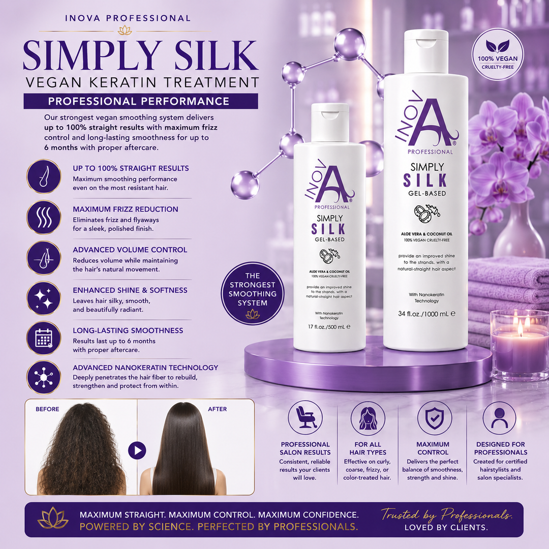 Inova Professional Simply Silk Vegan Keratin Treatment displayed on a luxurious light purple salon-inspired background, showcasing professional performance with before-and-after results. The image highlights up to 100% straighter hair, maximum frizz reduction, advanced volume control, enhanced shine and softness, Advanced Nanokeratin Technology, and a 100% vegan, cruelty-free formula enriched with Aloe Vera and Coconut Oil. Designed exclusively for certified hairstylists to deliver long-lasting professional