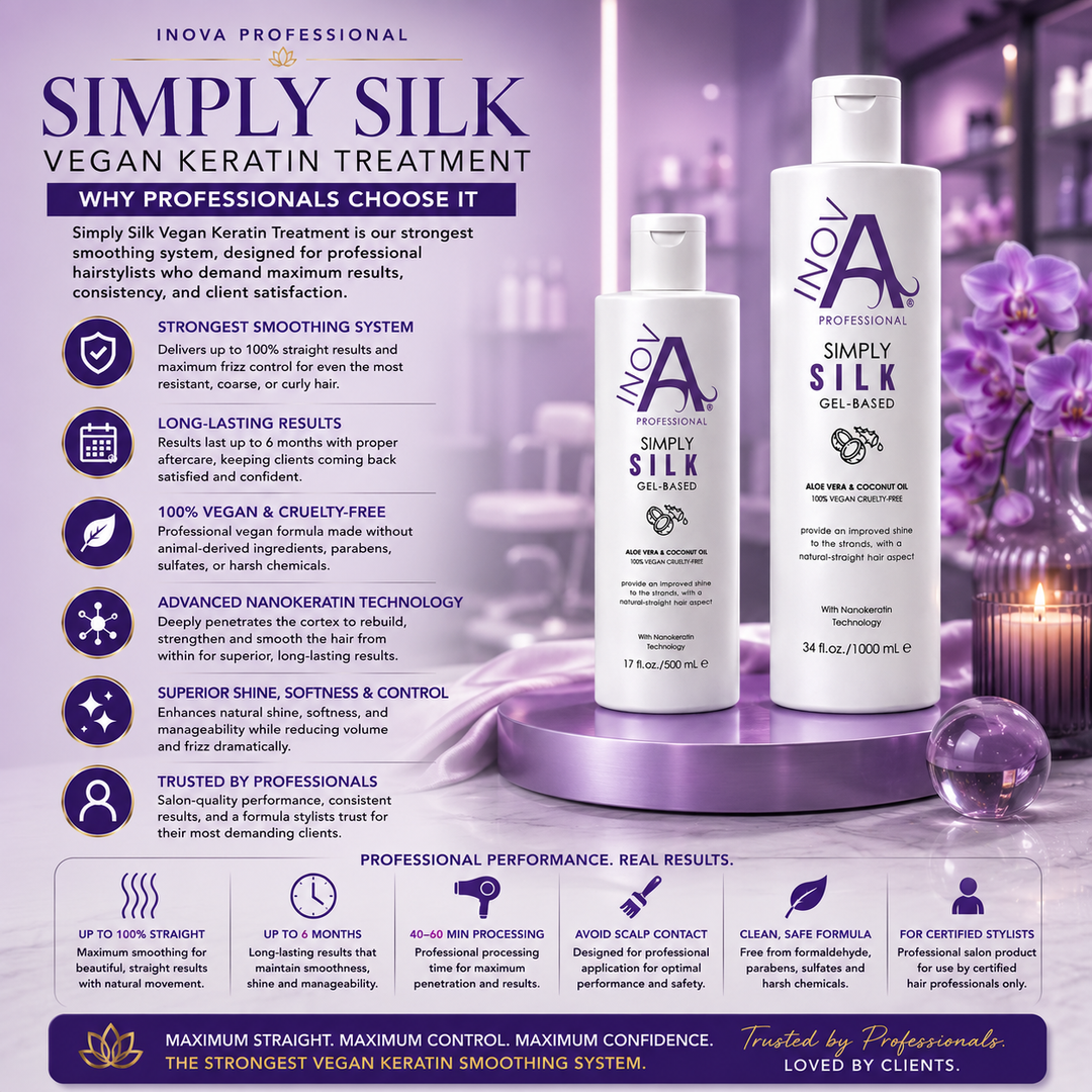 Inova Professional Simply Silk Vegan Keratin Treatment displayed on a luxurious light purple salon-inspired background, highlighting why professional hairstylists choose this advanced vegan smoothing system. The image showcases up to 100% straighter results, up to 6 months of smoothness with proper aftercare, Advanced Nanokeratin Technology, Aloe Vera and Coconut Oil, superior frizz control, enhanced shine, softness, and a 100% vegan, cruelty-free professional formula designed exclusively for certified salo