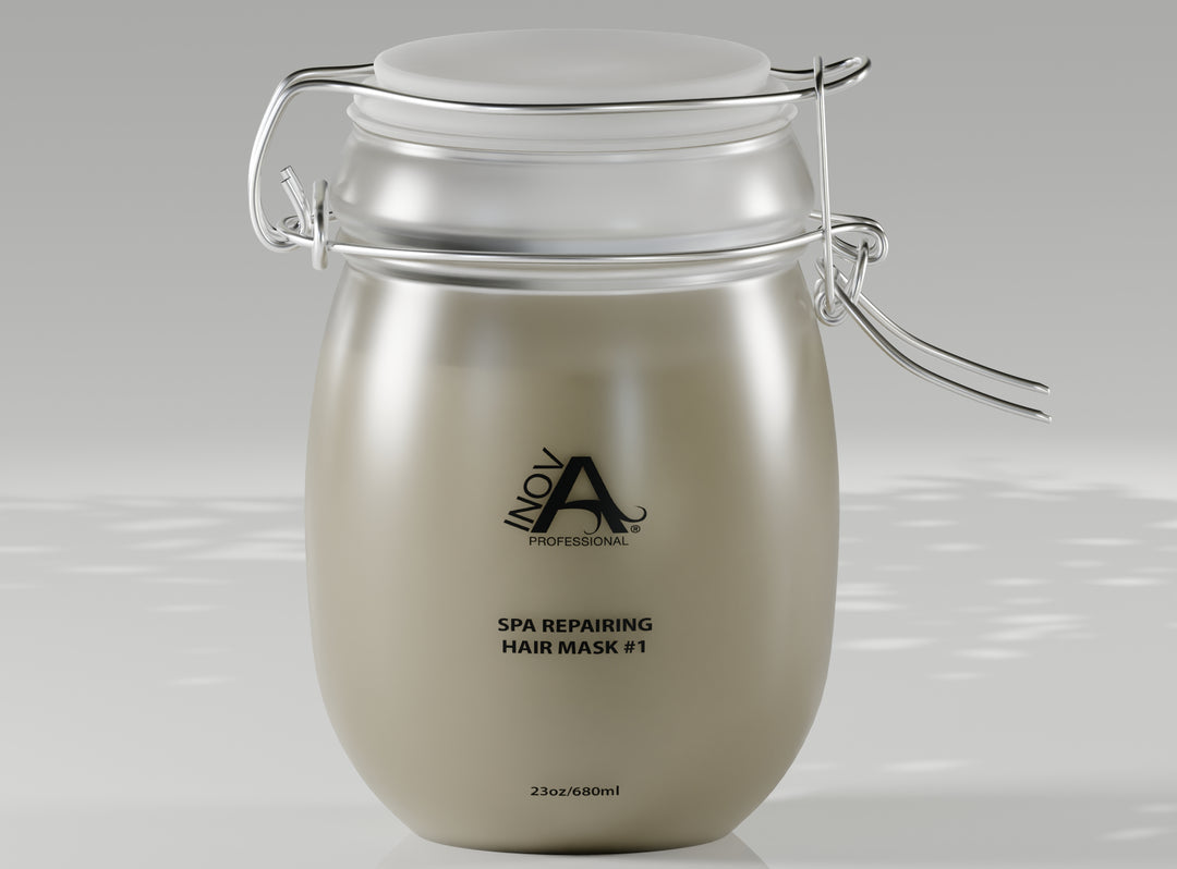 Inova Professional Spa Repairing Hair Mask #1 in a 23oz/680ml frosted beige jar with a clear lid and metal clasp closure. The luxurious packaging has a sleek, modern spa-inspired design, placed on a clean white reflective surface