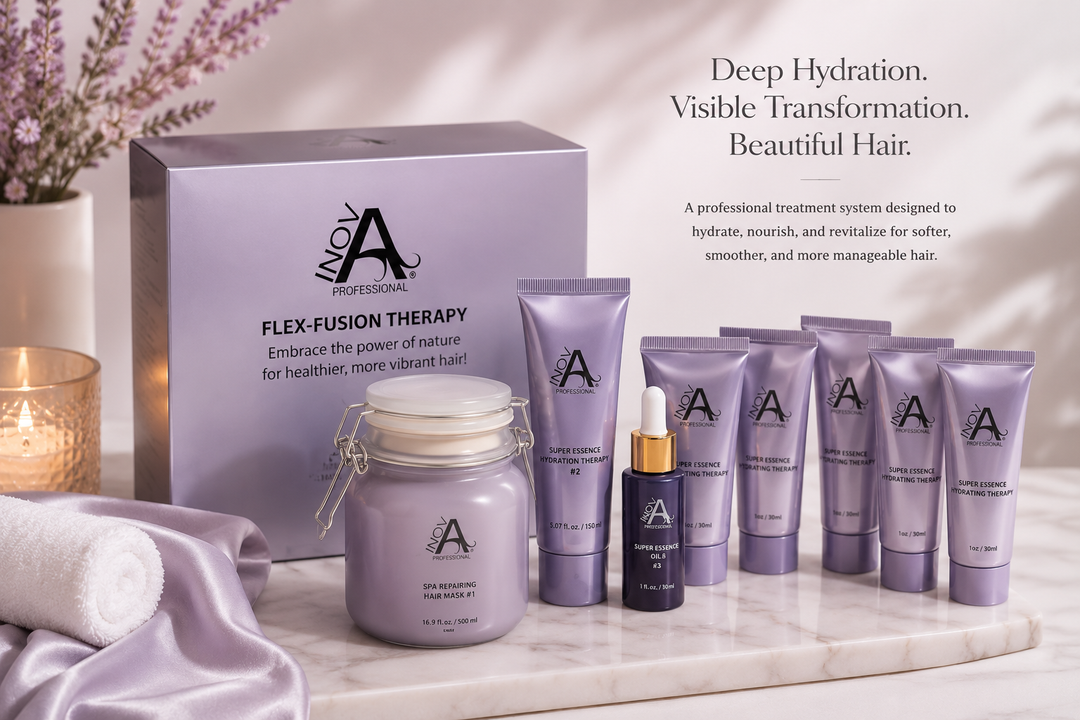 Inova Professional Flex-Fusion Therapy deep conditioning treatment displayed in a luxury spa-inspired setting for hydration, softness, shine, and frizz control for all hair types