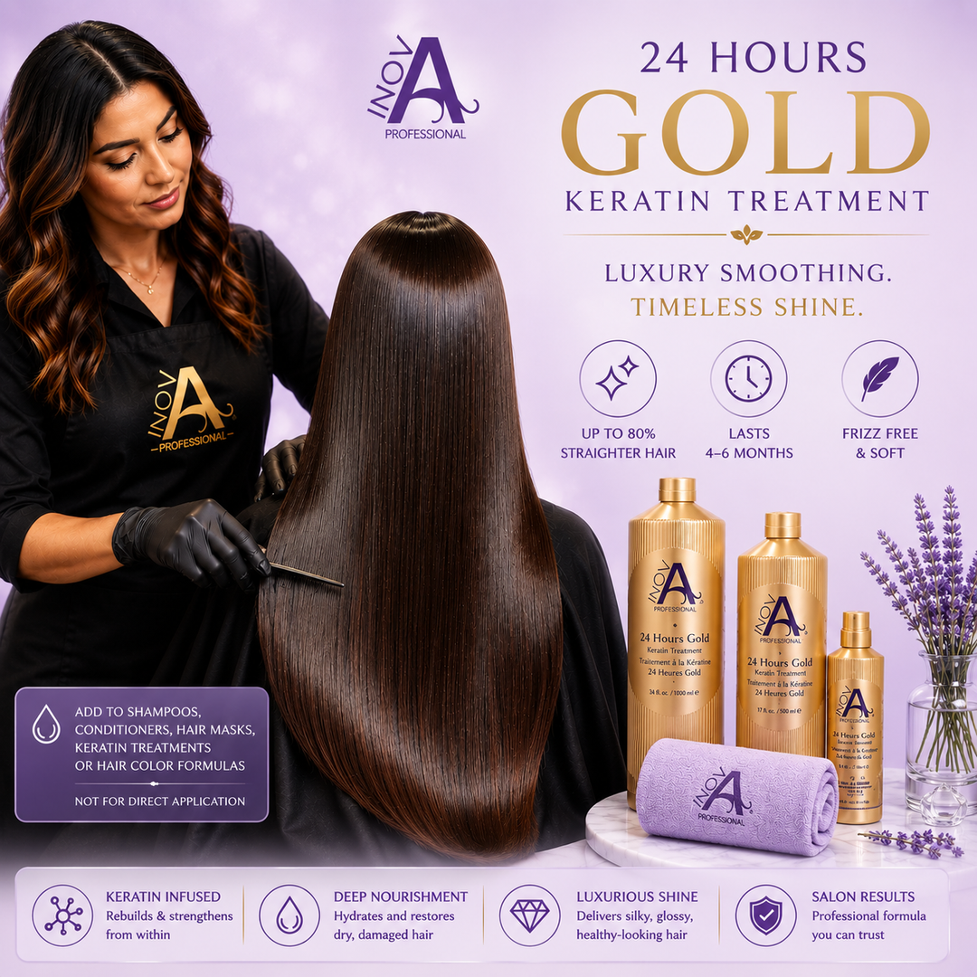 Inova Professional 24 Hours Gold Keratin Treatment luxury salon lifestyle image featuring a professional stylist showcasing smooth, glossy, frizz-free hair with the complete 24 Hours Gold system. Set against a soft light purple luxury background, the image highlights the professional keratin treatment designed to reduce frizz, improve manageability, restore shine, provide up to 80% straighter hair, and deliver salon-quality results that last 4–6 months.