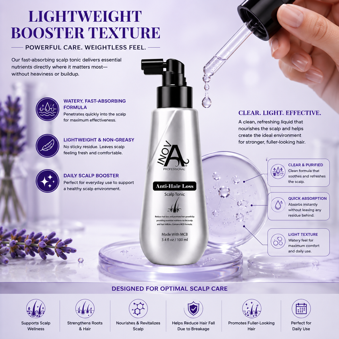 Inova Professional Anti-Hair Loss Scalp Tonic Booster Step #3 lightweight booster texture image featuring a fast-absorbing, non-greasy liquid formula that nourishes the scalp, strengthens roots, supports scalp wellness, helps reduce hair fall due to breakage, and promotes fuller-looking, healthier-looking hair with daily use.