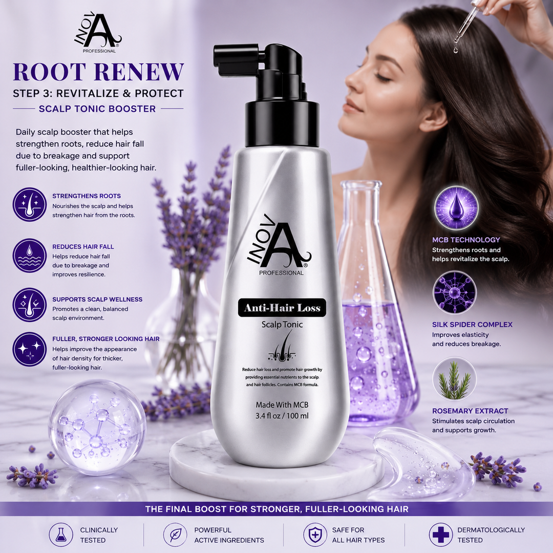 Inova Professional Anti-Hair Loss Scalp Tonic Booster Step #3 luxury scalp wellness lifestyle image featuring MCB Technology, Silk Spider Complex, and Rosemary Extract to help strengthen roots, nourish the scalp, reduce hair fall due to breakage, support scalp wellness, and promote fuller-looking, healthier-looking hair on a premium light lavender spa-inspired background.
