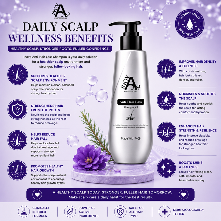 Inova Professional Anti-Hair Loss Shampoo Step #2 ingredient story image featuring MCB Technology, Silk Spider Complex, Rosemary Extract, Centella Asiatica, Niacinamide, Caffeine, Panthenol, and Menthol to help strengthen roots, nourish the scalp, reduce hair fall due to breakage, improve hair density, support scalp wellness, and promote stronger, fuller-looking hair.