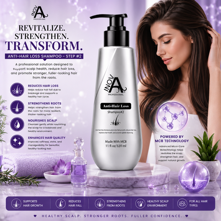 Inova Professional Anti-Hair Loss Shampoo Step #2 luxury scalp wellness lifestyle image featuring MCB Technology to support healthier-looking hair, strengthen roots, reduce hair fall due to breakage, nourish the scalp, promote fuller-looking hair, and improve overall scalp health on a premium light lavender spa-inspired background.