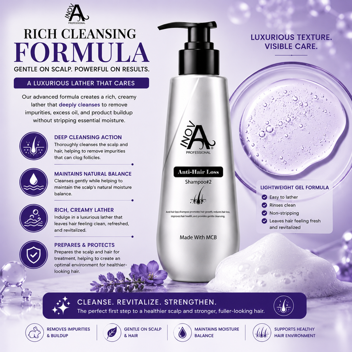 Inova Professional Anti-Hair Loss Shampoo Step #2 rich cleansing formula texture image featuring a luxurious lightweight gel formula that creates a rich creamy lather to gently cleanse the scalp, remove buildup and excess oil, maintain moisture balance, support scalp wellness, and promote stronger, healthier-looking hair.