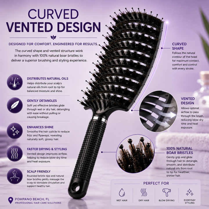 Inova Professional Boar Bristle Hair Brush curved vented design image showcasing the ergonomic curved brush head that naturally follows the shape of the scalp for greater comfort and control. The vented design improves airflow for faster blow-drying while 100% natural boar bristles gently detangle wet and dry hair, distribute natural oils from root to tip, reduce frizz and static, enhance shine, and promote healthier, smoother hair for all hair types.
